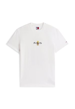 White short-sleeve T-shirt with "New York City" text and yellow graphic at center, small Tommy Jeans logo on neckline and sleeve.