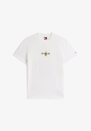 White short-sleeve T-shirt with "New York City" text and yellow graphic at center, small Tommy Jeans logo on neckline and sleeve.
