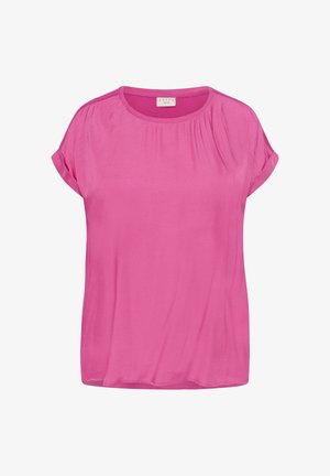 Helles pinkes Kurzarm-Bluse mit rundem Ausschnitt, dezenten Schulterfalten und umgeschlagenen Manschetten.