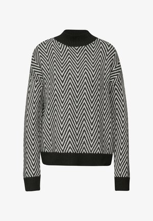 Schwarz-weißes Chevron-Muster-Pullover mit einem gerippten hohen Kragen, sauberen Abschlüssen und lockerem Schnitt. Strukturierter Strickstoff.