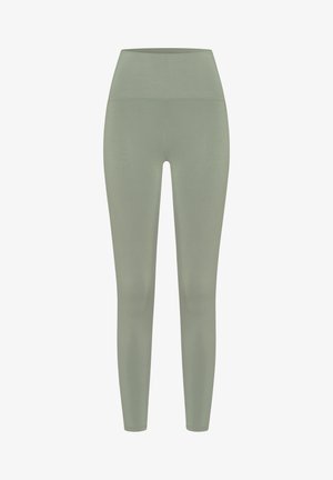 Leggings a vita alta di colore verde chiaro. Tessuto liscio con un design aderente, che si restringe alla caviglia. Nessun motivo o hardware visibile.