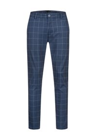 Pantaloni slim fit blu navy con motivo a quadri bianchi a finestra, bottone anteriore e passanti per cintura.