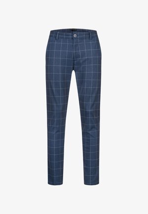 Granatowe spodnie o dopasowanym kroju z białym wzorem kratki windowpane, z przodu guzik i szlufki na pasek.