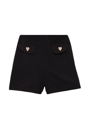 Schwarze Shorts mit zwei Gesäßtaschen und goldener herzförmiger Hardware. Das Design ist einfach und tailliert mit einer klaren, sauberen Form.