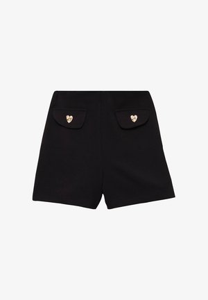 Schwarze Shorts mit zwei Gesäßtaschen und goldener herzförmiger Hardware. Das Design ist einfach und tailliert mit einer klaren, sauberen Form.