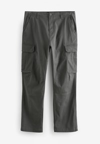 Pantalones cargo grises fabricados con un tejido duradero, que cuentan con dos bolsillos laterales y dos bolsillos frontales con parche, diseño de pierna recta y cierre de botón.