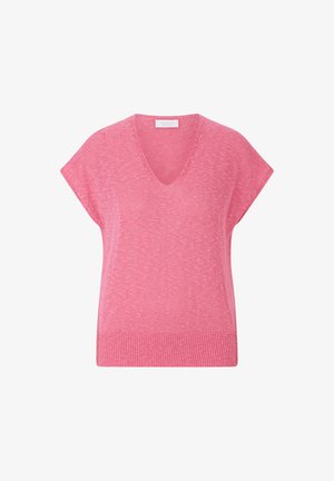 Pink knit sweater with short sleeves and a V-neck. Features a textured look and a ribbed hem at the bottom. Lightweight material.