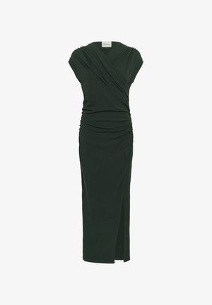 Ciemnozielona, do kolan sukienka z miękkiego materiału, z rękawami typu cap, owijanym fasonie, bokiem marszczeniem i rozcięciem dla swobody ruchów.