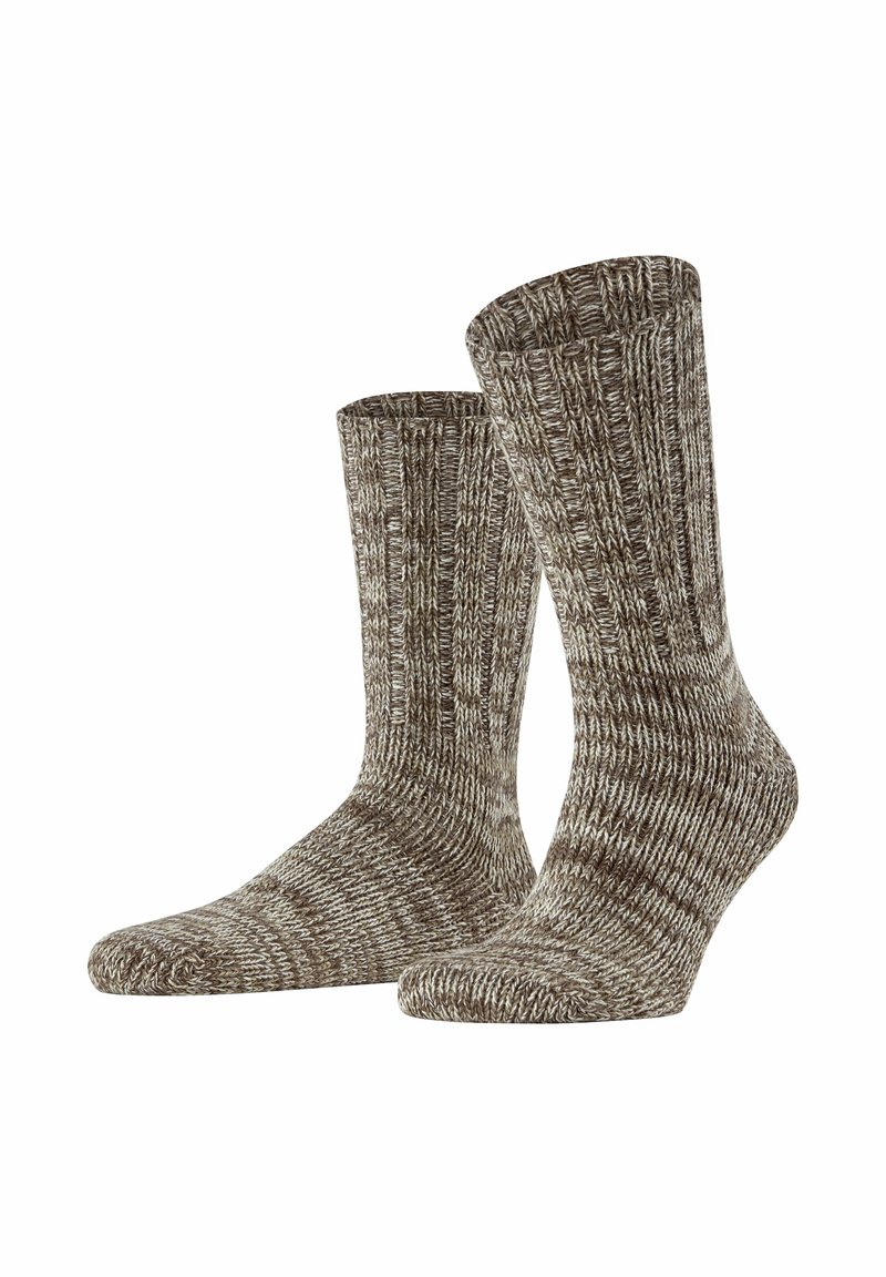 Braune, strukturierte Socken mit einem gerippten Design und einer verstärkten Ferse. Das Material weist eine Mischung aus hellen und dunklen Farbtönen auf.