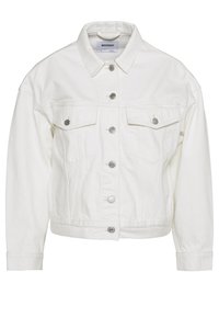 Witte spijkerjas met een sluiting met knopen aan de voorkant, twee borstzakken met klep en knopen, lange mouwen en een klassieke kraag.