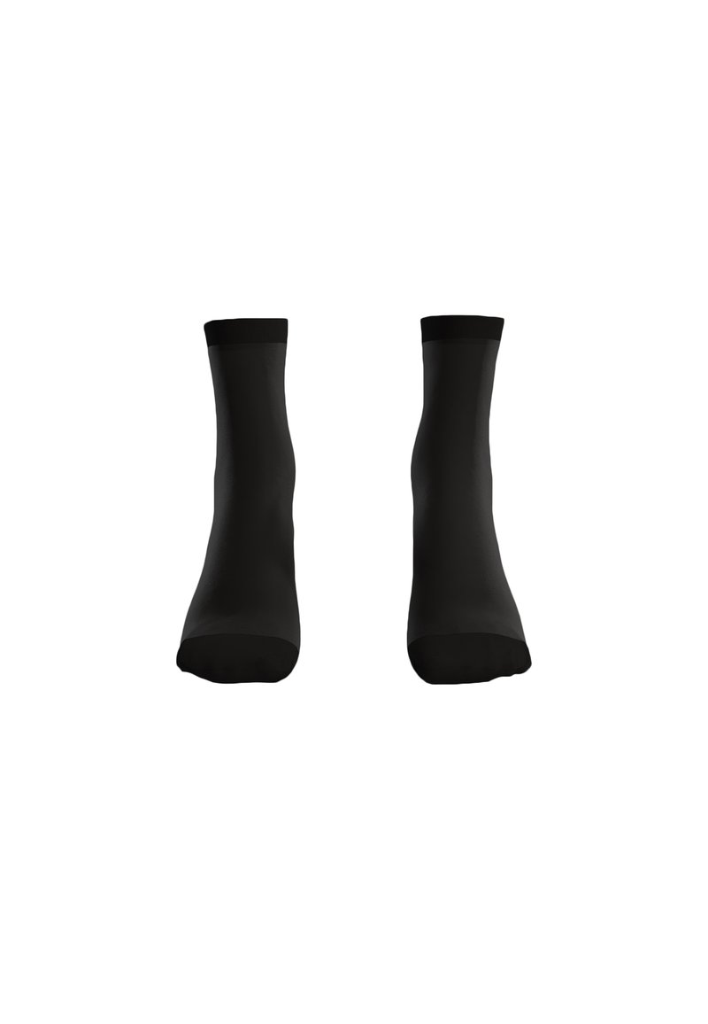 Chaussettes noires en matériau lisse avec un bord renforcé, de hauteur à la cheville, sans motifs ni accents visibles.