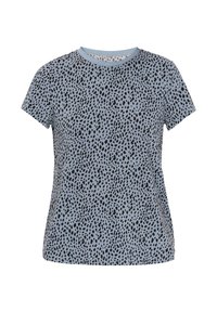 Kortærmet t-shirt i lys blå stof med et sort prikket mønster og rund halsudskæring. Glat tekstur, afslappet design.