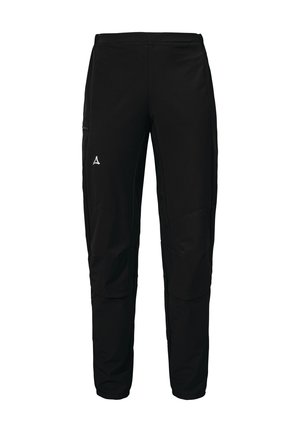 Black athletic pants with a tapered fit, made of lightweight fabric, featuring a zippered pocket and a subtle logo on the front.