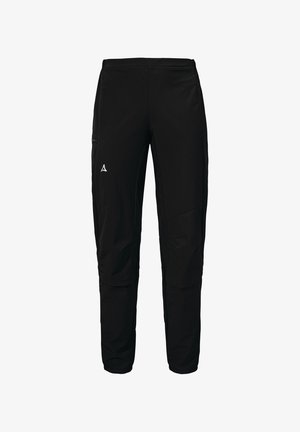 Black athletic pants with a tapered fit, made of lightweight fabric, featuring a zippered pocket and a subtle logo on the front.