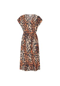 Abito con motivo leopardato in beige, arancione e nero; maniche corte, scollatura a V e vita con cintura. Tessuto morbido con una silhouette fluida.