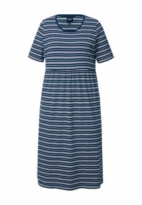 Granatowa sukienka w paski z krótkimi rękawami, okrągłym dekoltem i elastycznym pasem. Ma naprzemienne cienkie białe paski. Luźny krój.