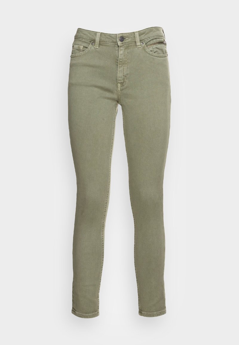 Slim-fit olijfgroene jeans met knopen aan de voorkant, ritsvlieg, twee voorzakken, een ritsvak voor munten en riemlussen.