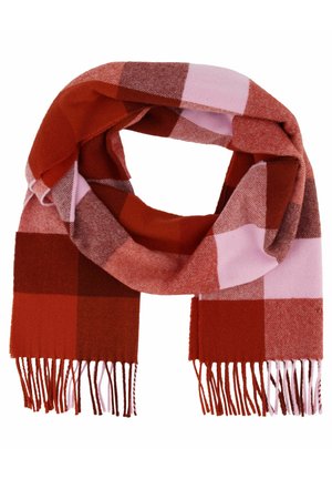 Rood- en roze geruite sjaal met franjes aan de uiteinden, opgevouwen in een lus, weergegeven tegen een witte achtergrond.