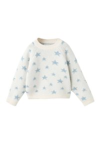 Svetlo krem pulover z vzorcem modrih zvezd; ima okrogel izrez in rebraste zaključke na rokavih. Iz mehkega, teksturiranega blaga za toplino.