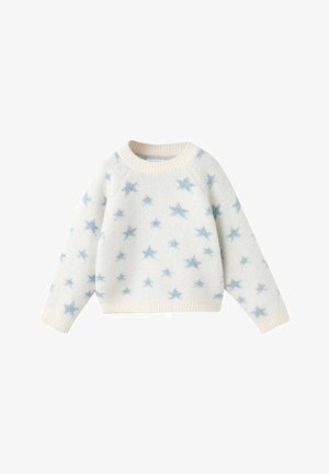 Pull crème clair avec motif étoile bleue ; doté d'un col rond et de poignets côtelés. Confectionné dans un tissu doux et texturé pour plus de chaleur.