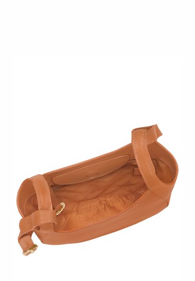 Tan leather bag with a smooth texture, open design, and secure strap. The interior features a quilted pattern and a magnetic closure.