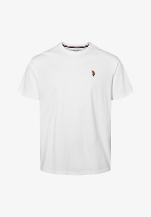 Hvit bomulls t-skjorte med rund hals, korte ermer og en liten brodert flerfarget logo på venstre bryst.