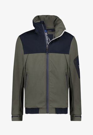 Men's jacket in olive green with navy accents, featuring a high collar, front zipper, side pockets, and a textured fabric finish.