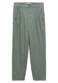 Světle zelené kalhoty s vysokým pasem, sklady, dvě postranní kapsy, rovný střih a hladká textura. Tkanina z bavlněné směsi.