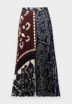 Φούστα μεσαίου μήκους με πιέτες και μοτίβα πατςγουορκ σε ναυτικό μπλε, μπορντό και εκρού, που διαθέτει λουλουδάτα και πασλι σχεδία.