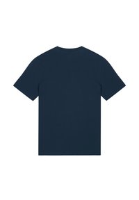 T-shirt bleu marine foncé, à manches courtes, avec un col rond, fabriqué en coton lisse de poids moyen, avec un dos uni.