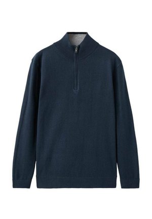 Pull-over bleu marine avec col montant, demi-fermeture éclair et poignets côtelés. Confectionné dans un tissu doux et texturé avec un motif uni.