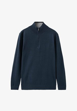 Temno modra pulover majica z visokim ovratnikom, polovičnim zadrgo in rebrastimi manšetami. Iz mehke, teksturirane tkanine z enobarvnim vzorcem.