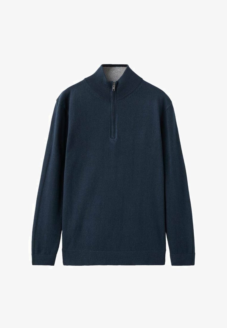 Granatowy sweter z golfem, półzamkiem i ściągaczami na rękawach. Wykonany z miękkiej, fakturowanej tkaniny o jednolitym wzorze.