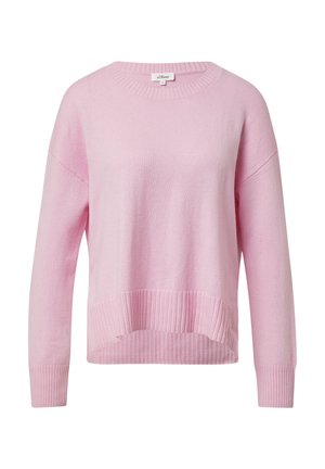 Jasnoróżowy sweter wykonany z dzianiny, o okrągłym dekolcie, opuszczonych ramionach, ściągaczach na rękawach i na dole, charakteryzujący się pudełkowym krojem.