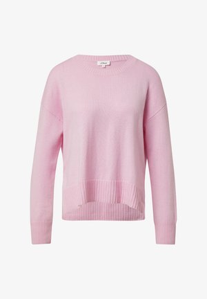 Lichtroze trui gemaakt van gebreide stof met een ronde hals, verlaagde schouders, geribbelde manchetten en een geribbelde zoom, met een boxy pasvorm.