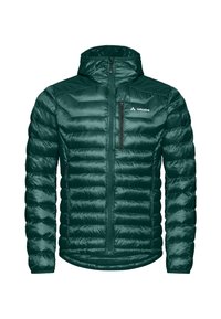 Giacca isolante verde scuro con un design imbottito, chiusura frontale con zip, polsini elastici e tasca sul petto. Tessuto liscio con cappuccio.