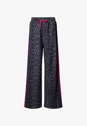 Leopard print pajama pants in black and grey with a pink side stripe; elastic waistband with drawstring; wide-leg design.