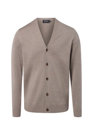 Hellbraune Strickjacke mit langen Ärmeln, V-Ausschnitt, gerippten Bündchen und Saum sowie fünf dunklen Knöpfen vorne.