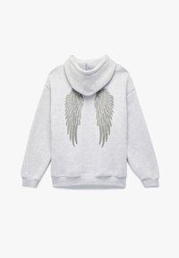 Hellgrauer Hoodie mit einer großen Grafik von silbernen Flügeln auf der Rückseite. Mit Kordelzugkapuze sowie gerippten Bündchen und Saum.