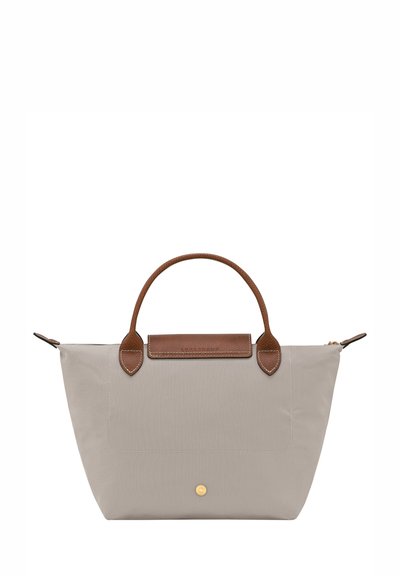 Gray nylon tote bag with brown leather handles and trim. Features a zip closure, visible stitching, and a front pocket with a gold emblem.