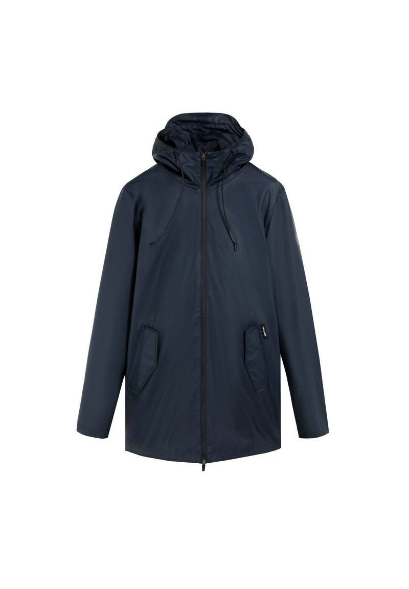 Chaqueta con capucha en azul oscuro, con cremallera frontal, dos bolsillos frontales en ángulo con solapas y cuerdas de ajuste en la capucha.