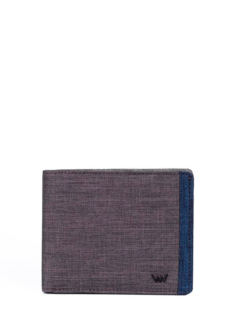 Gray fabric wallet with a blue accent. Features a simple rectangular shape, textured surface, and a small logo in the bottom corner.
