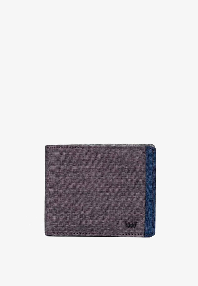 Gray fabric wallet with a blue accent. Features a simple rectangular shape, textured surface, and a small logo in the bottom corner.
