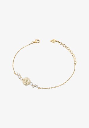 Bracelet délicat en chaîne dorée avec des cristaux scintillants et un pendentif rond orné d'un logo double G entrelacé, sécurisé par un fermoir mousqueton.