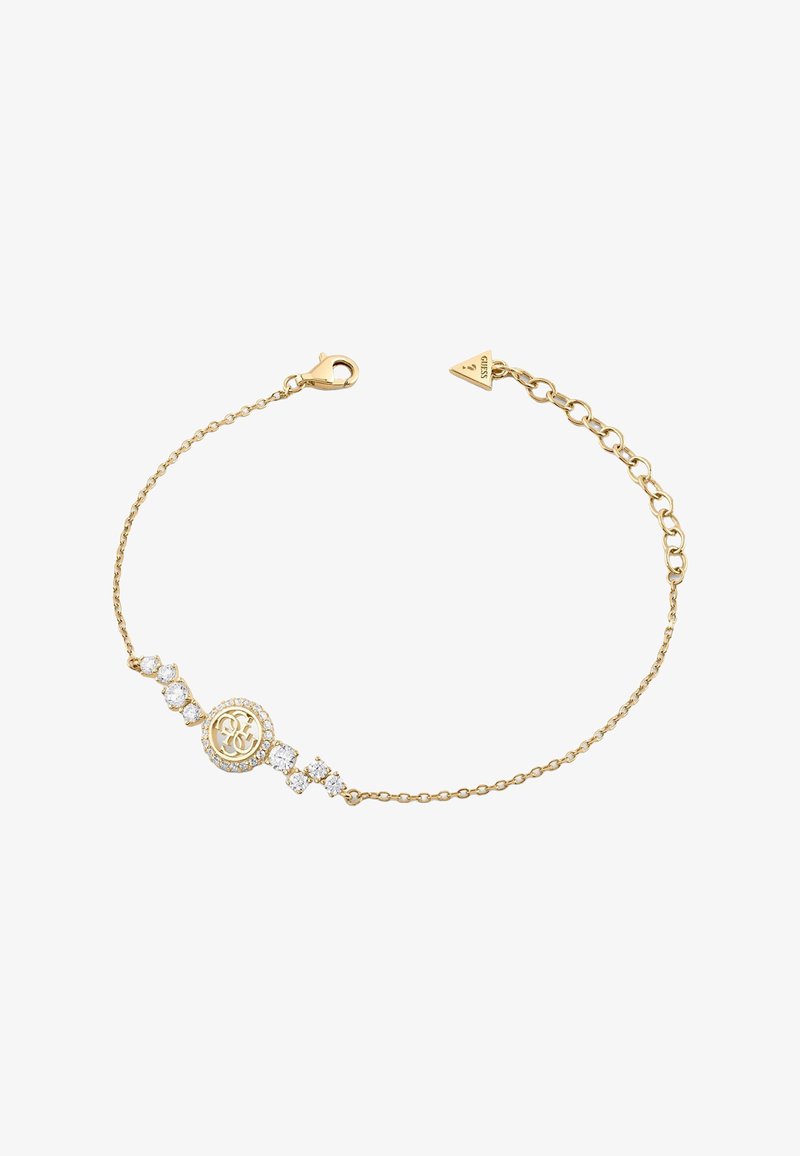 Bracelet délicat en chaîne dorée avec des cristaux scintillants et un pendentif rond orné d'un logo double G entrelacé, sécurisé par un fermoir mousqueton.