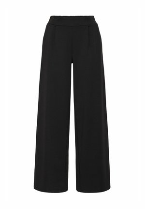 Pantalons noirs à jambes larges avec une texture douce, dotés d'une taille élastique haute et de deux plis à l'avant pour un détail soigné.