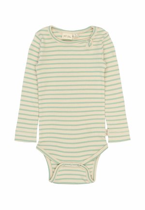 Bodysuit dla niemowląt z długim rękawem w jasnym zielonym i kremowym paski, wykonany z materiału w prążki. Posiada zapięcia na napy na dole i okrągły dekolt.