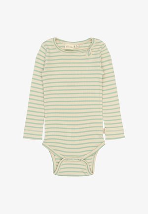 Langärmliger Baby-Bodysuit in hellgrünen und cremefarbenen Streifen, aus Rippstoff gefertigt. Mit Druckknöpfen im Schritt und rundem Ausschnitt.