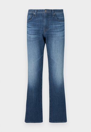 Vaqueros acampanados en denim azul oscuro con un acabado desgastado. Cuentan con cinco bolsillos, trabillas para cinturón y una bragueta con cremallera y cierre de botón.