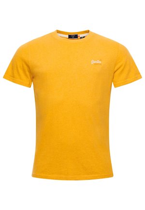 T-shirt pour homme jaune moutarde à col rond et manches courtes, avec petit logo blanc sur la poitrine gauche.